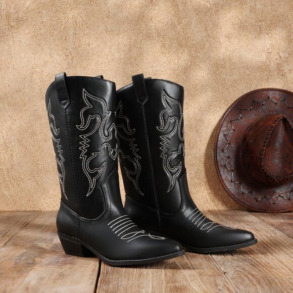 DREAM PAIRS Womens Black Cowboy Western Cowgirl Boots Pointed Toe Wide Calf - Picture 3 of 7